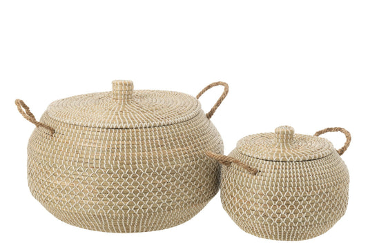 Set van 2 mand handvatten + deksel zeegras/kunststof naturel/wit