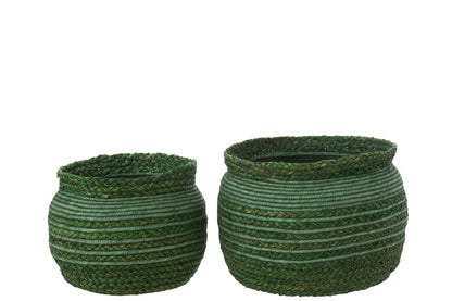 Set of 2 baskets with woven seagrass rim, green