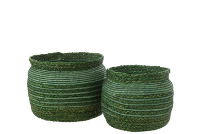 Set of 2 baskets with woven seagrass rim, green