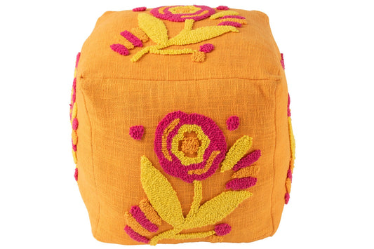 Pouf Square Flower Cotton Orange/Pink/Yellow