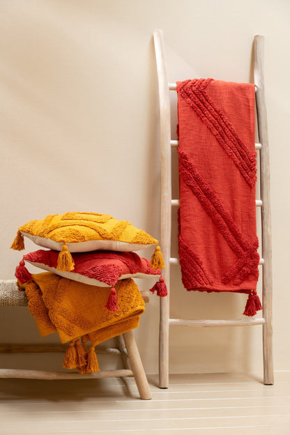 Plaid Tufted Pattern+Tassels Cotton Brick Red