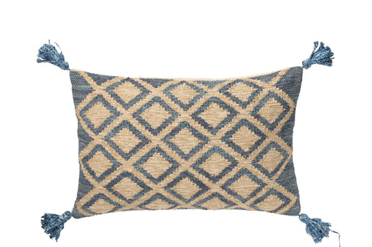 Cushion Rectangle Lozenge Pattern Jute/Cotton Natural/Blue
