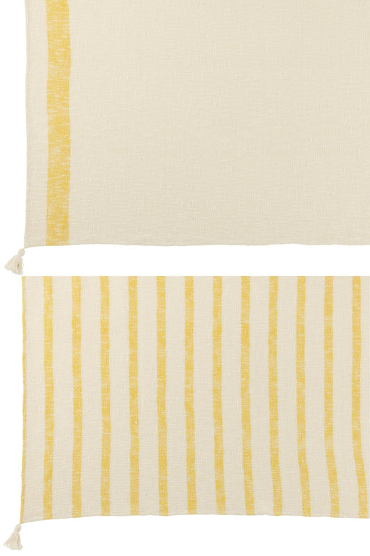 Plaid Stripes+Tassels Cotton White/Yellow Assortment Of 2