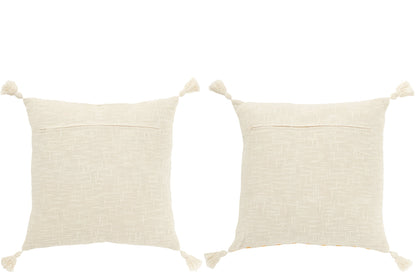 Cushion Square Stripes+Tassels Cotton White/Orange Assortment Of 2