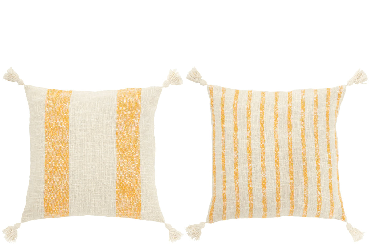 Cushion Square Stripes+Tassels Cotton White/Orange Assortment Of 2