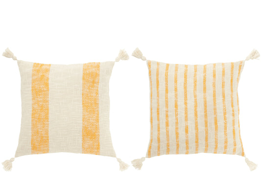 Cushion Square Stripes+Tassels Cotton White/Orange Assortment Of 2