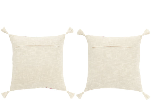 Cushion Square Stripes+Tassels Cotton White/Pink Assortment Of 2