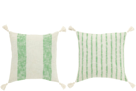 Cushion Square Stripes+Tassels Cotton White/Green Assortment Of 2