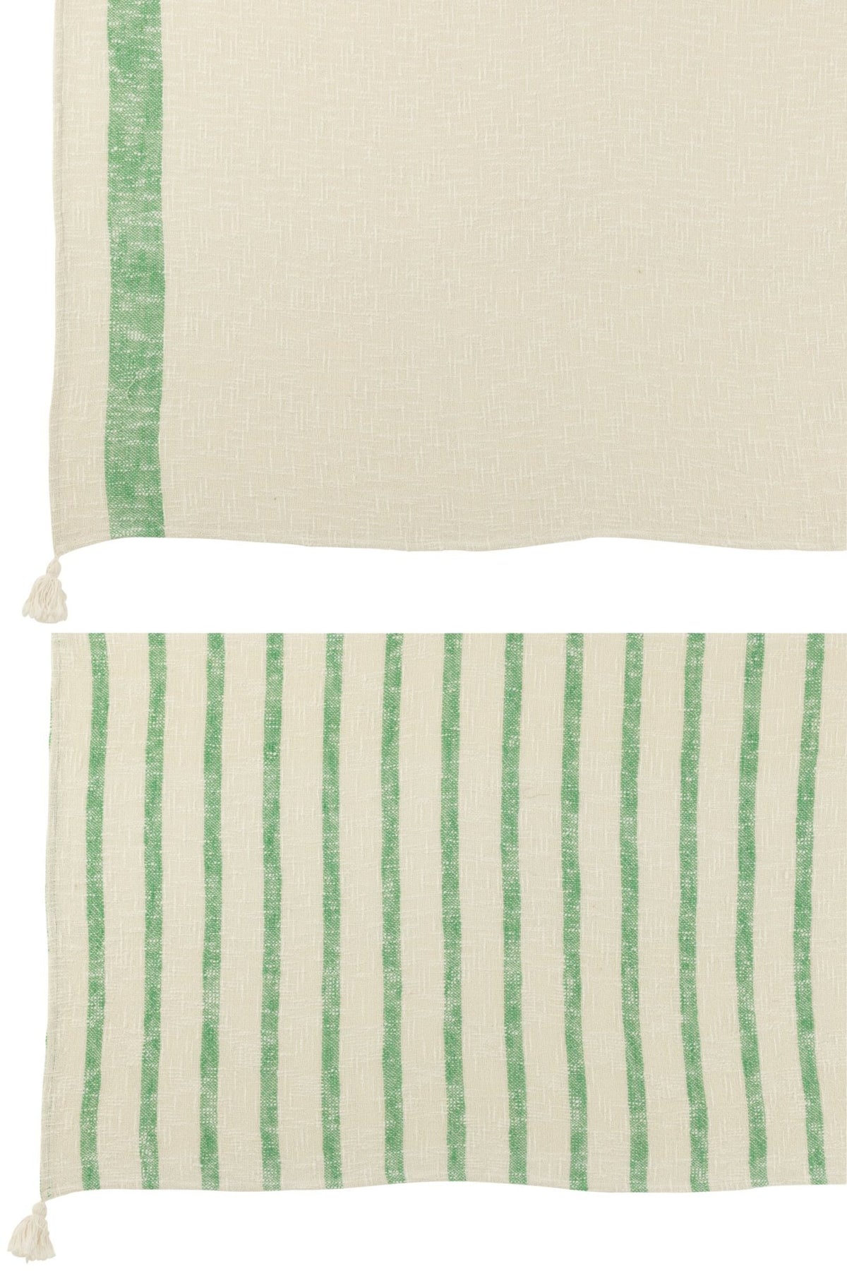 Plaid Stripes+Tassels Cotton White/Green Assortment Of 2
