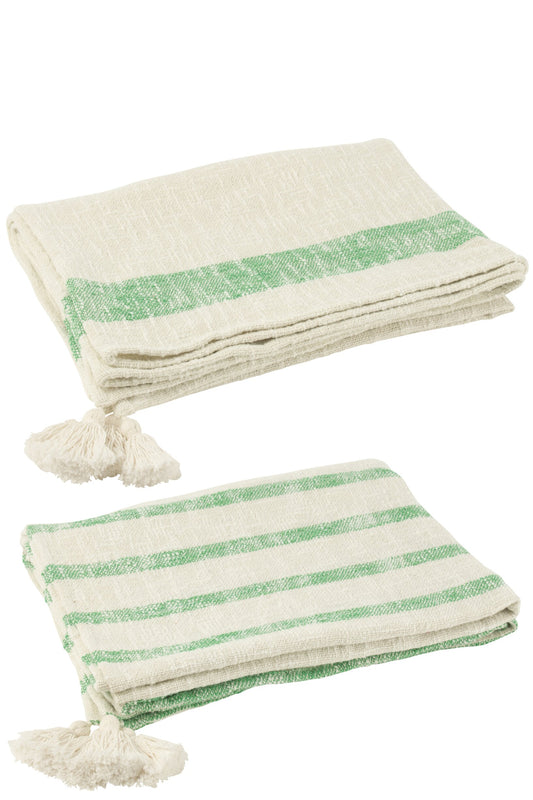 Plaid Stripes+Tassels Cotton White/Green Assortment Of 2