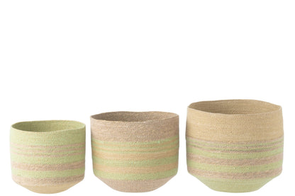 Set of 3 seagrass baskets, natural/green stripes