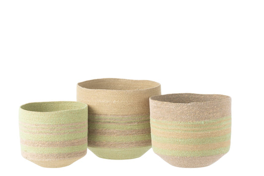 Set van 3 mand strepen zeegras naturel/groen
