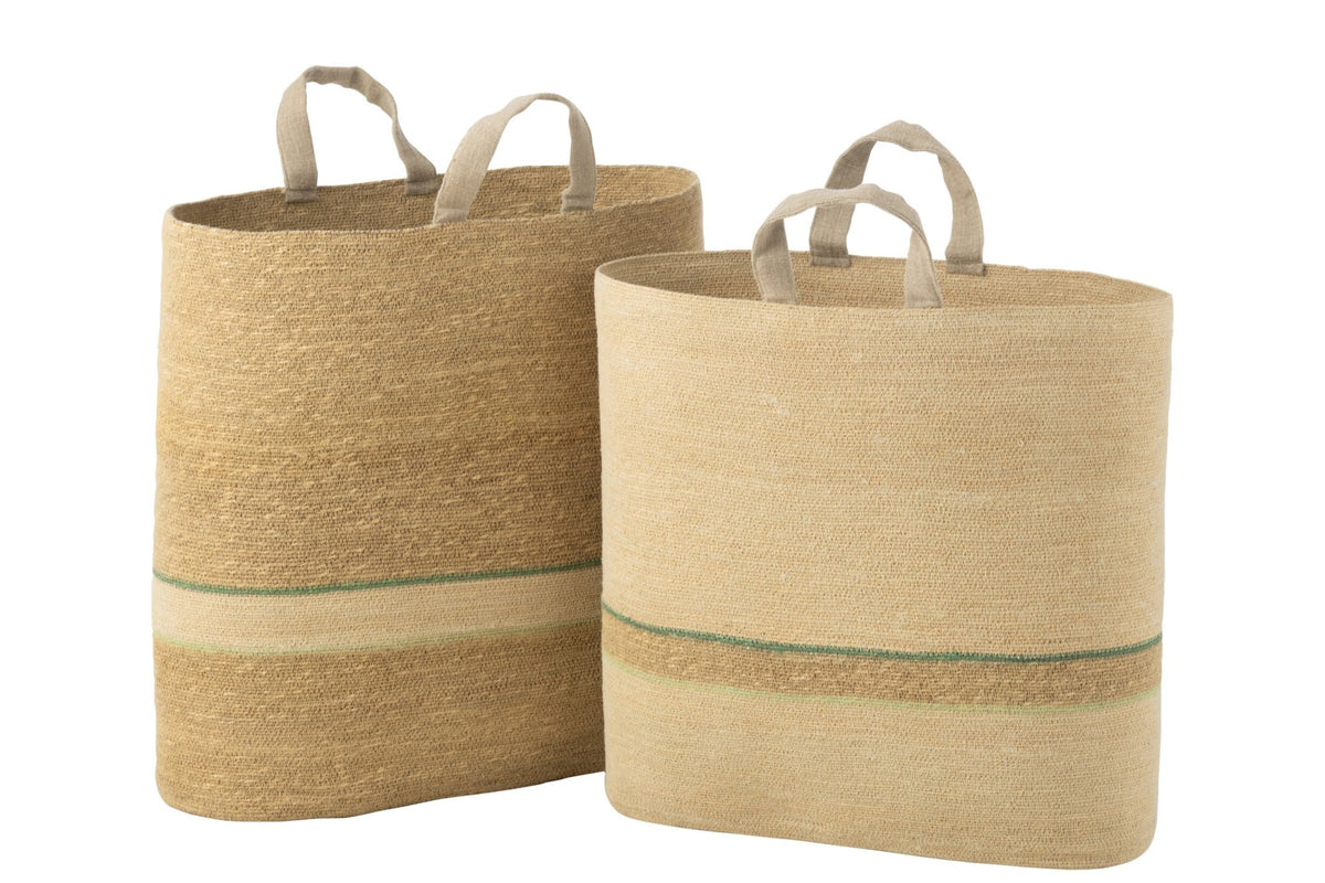 Set van 2 mand streep + handvat naturel/groen