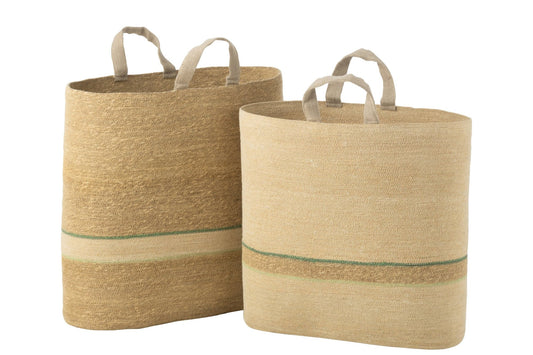 Set van 2 mand streep + handvat naturel/groen