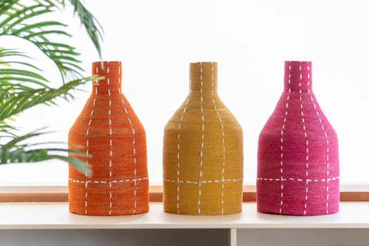 Vase Bottle Dotted Stripes Seagrass Pink/Orange/Yellow Assortment Of 3