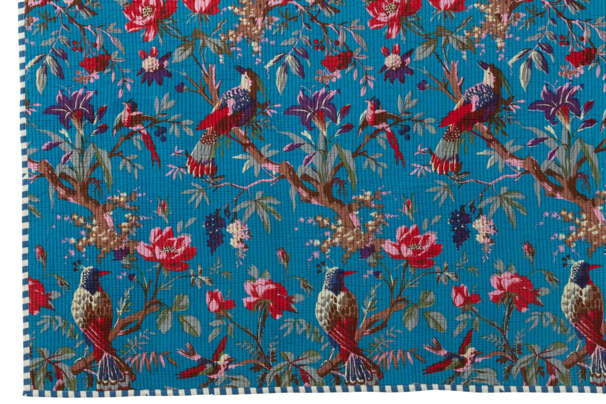 Plaid Birds/Flowers Cotton Velvet Blue