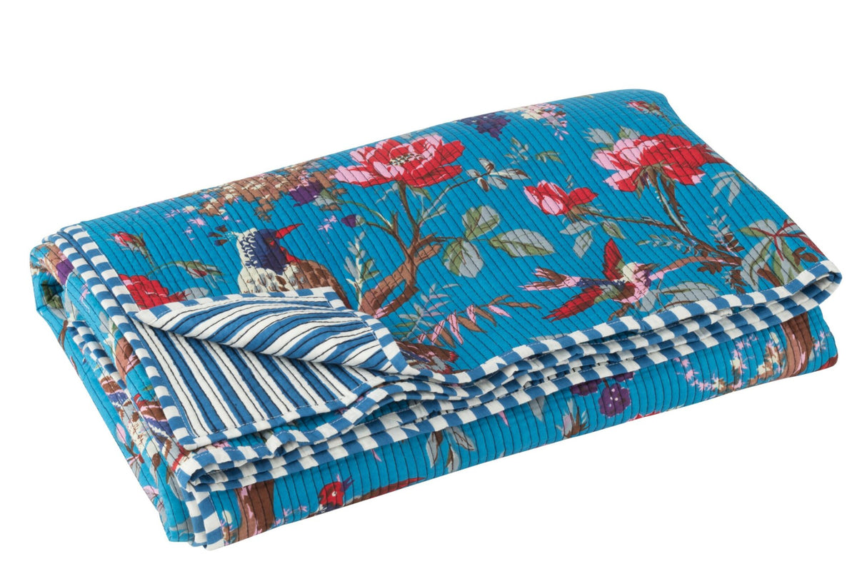 Plaid Birds/Flowers Cotton Velvet Blue