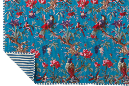 Plaid Birds/Flowers Cotton Velvet Blue