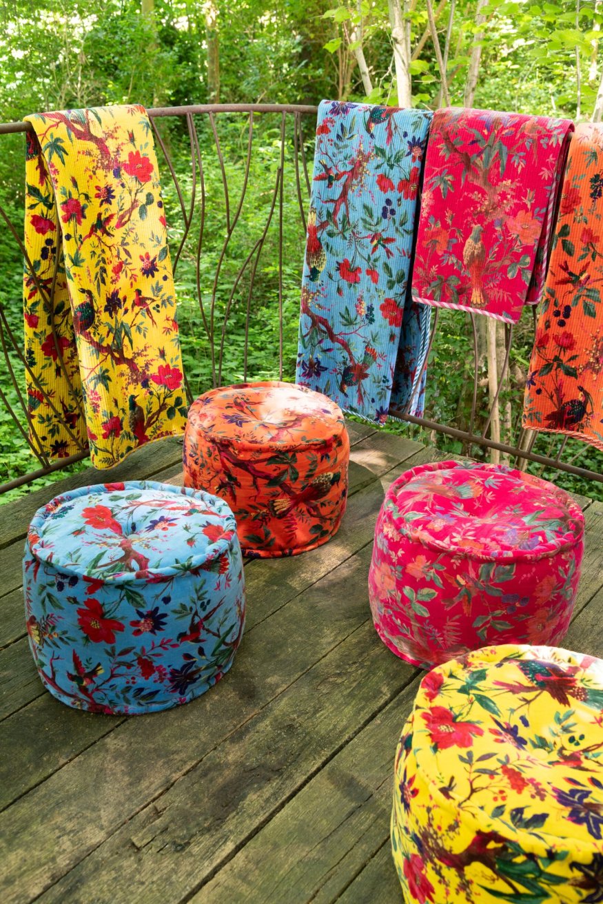 Plaid Birds/Flowers Cotton Velvet Blue