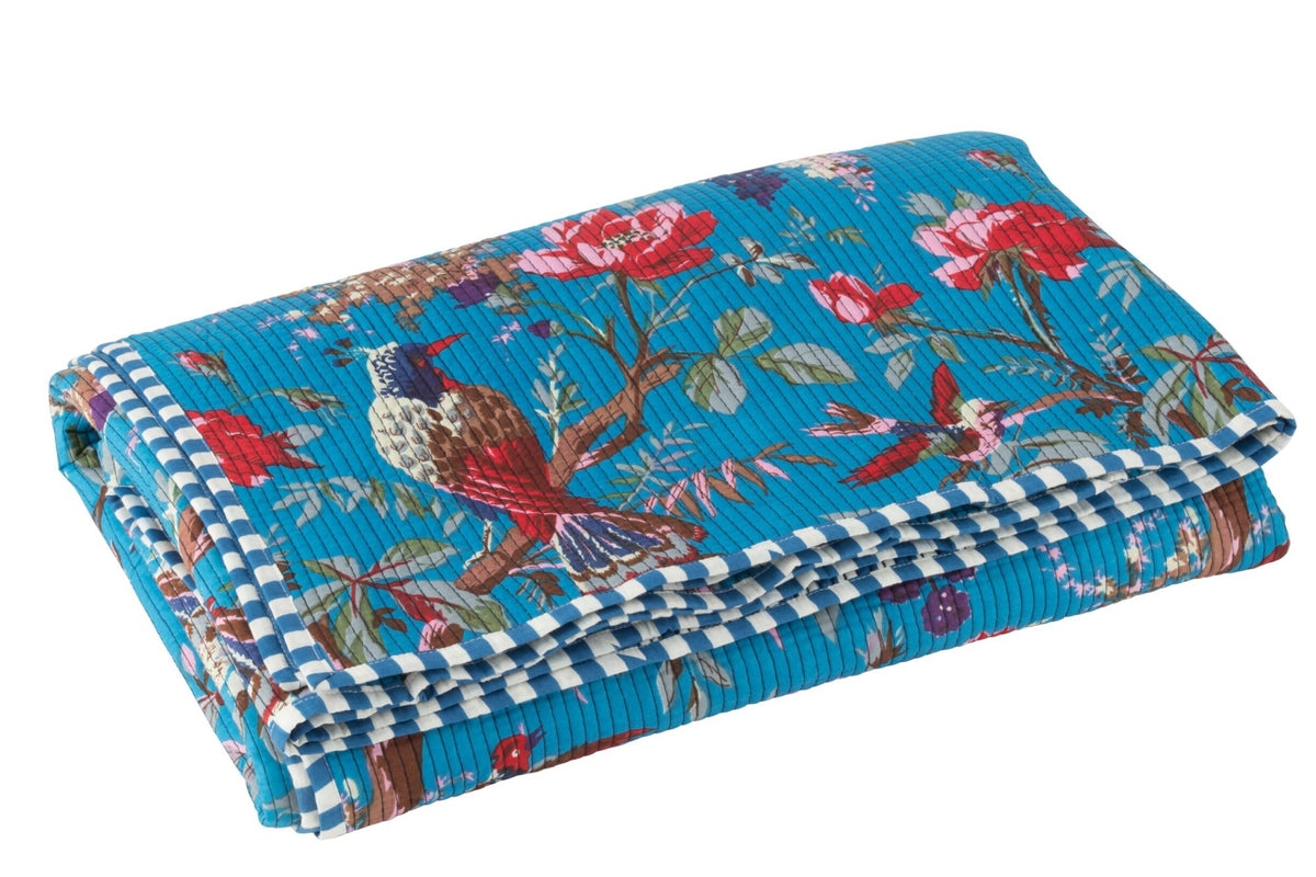 Plaid Birds/Flowers Cotton Velvet Blue