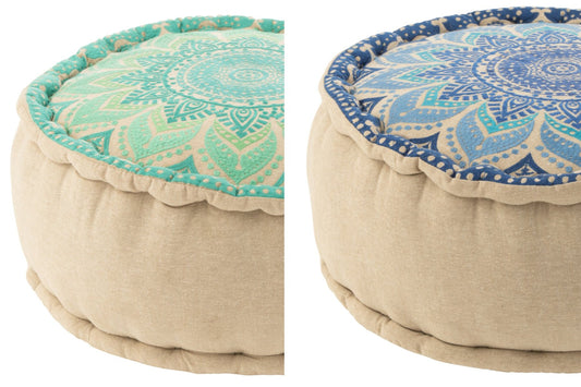 Pouf Round Flower Cotton Turquoise/Blue Assortment Of 2