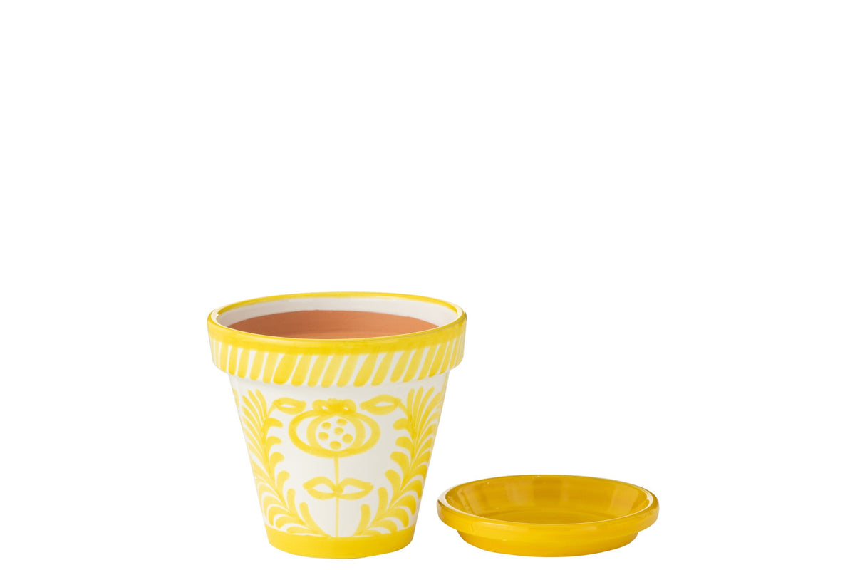 Flowerpot+Plate Granada Handmade/Handpainted Ceramic Yellow/White Medium
