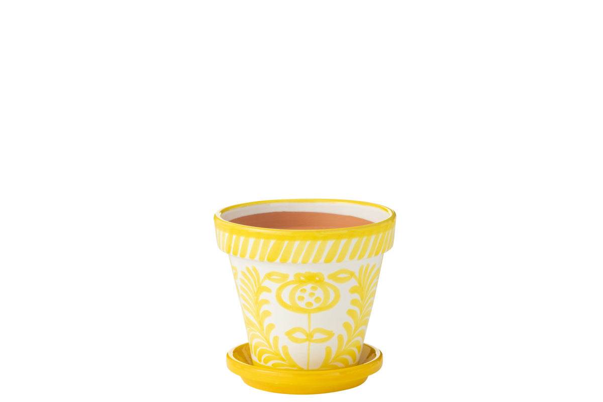 Flowerpot+Plate Granada Handmade/Handpainted Ceramic Yellow/White Medium