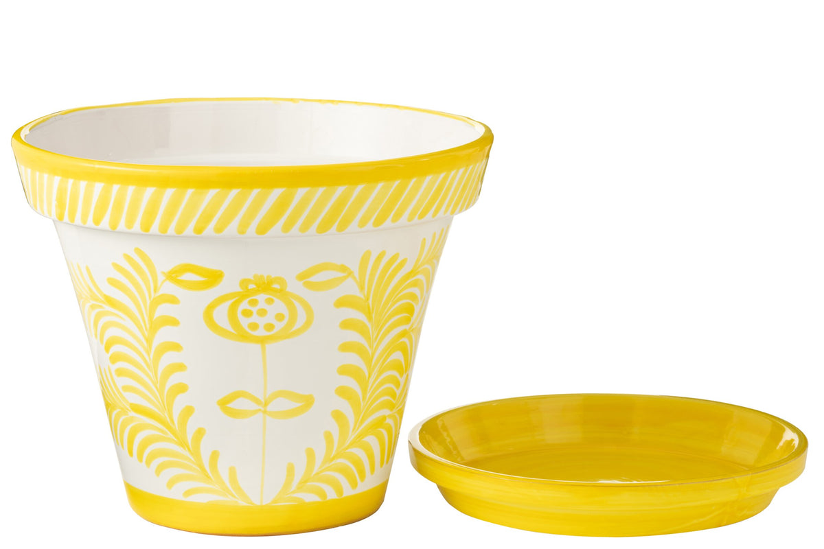 Flowerpot+Plate Granada Handmade/Handpainted Ceramic Yellow/White Extra Large
