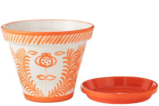 Flowerpot+Plate Granada Handmade/Handpainted Ceramic Orange/White Extra Large