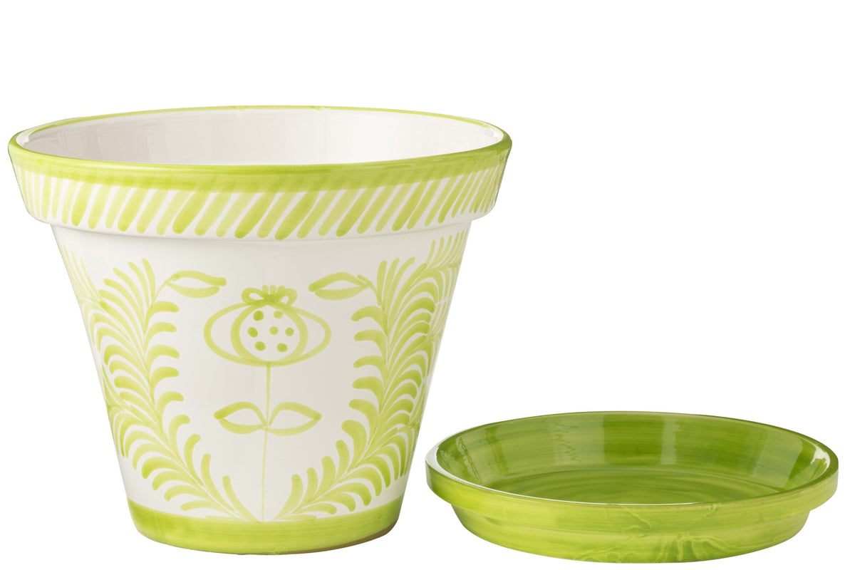 Flowerpot+Plate Granada Handmade/Handpainted Ceramic Green/White Extra Large
