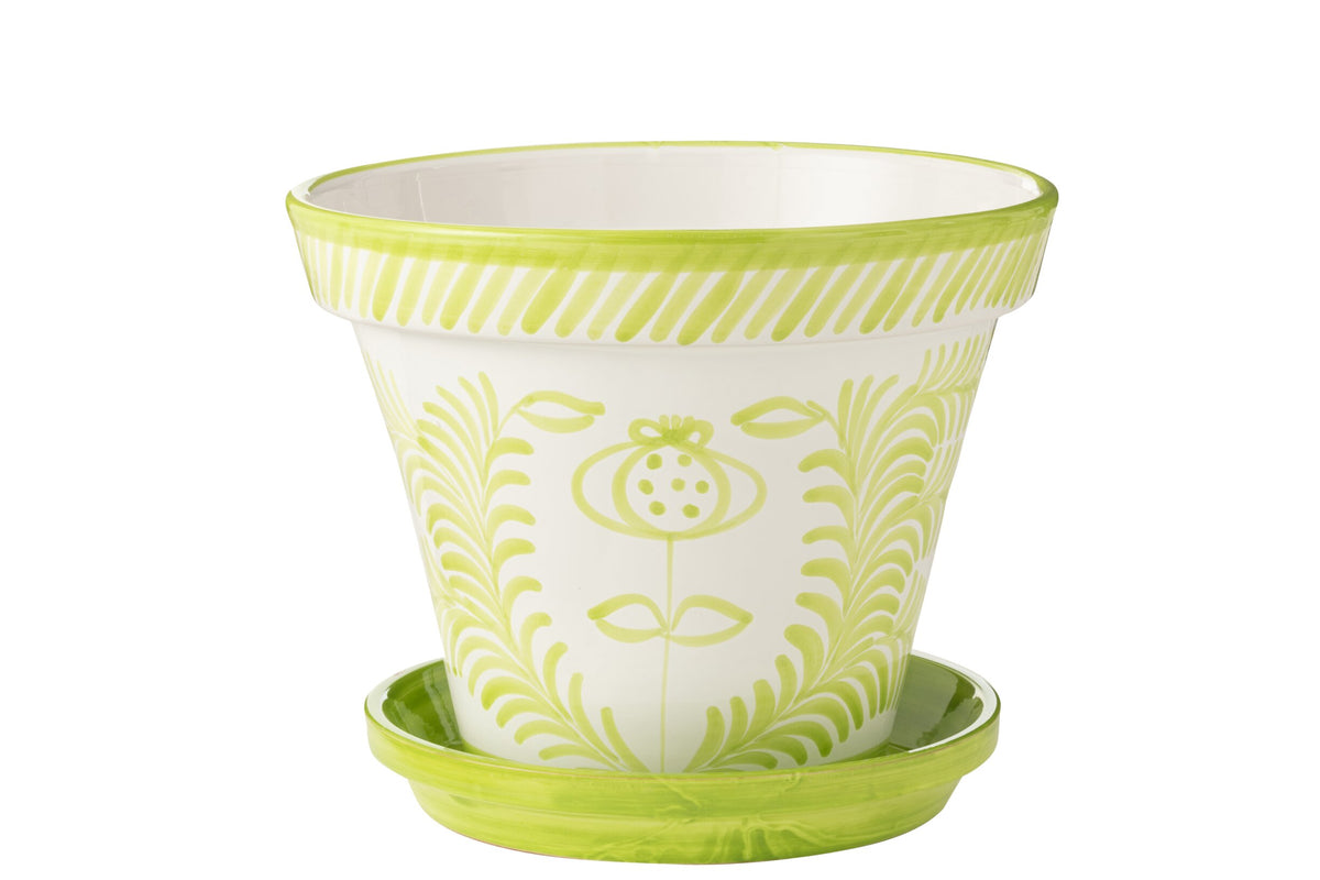 Flowerpot+Plate Granada Handmade/Handpainted Ceramic Green/White Extra Large
