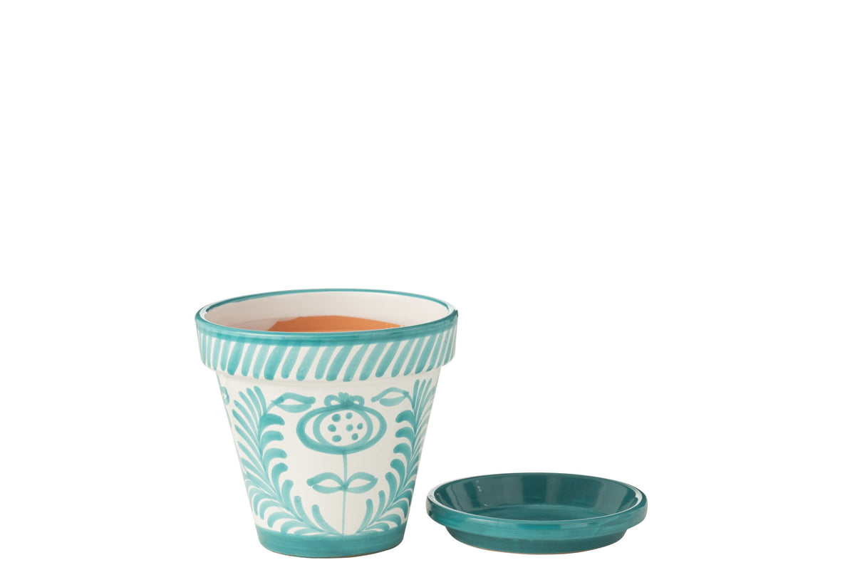 Flowerpot+Plate Granada Handmade/Handpainted Ceramic Aqua/White Medium