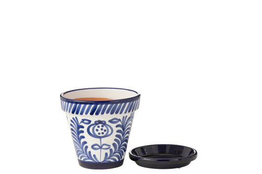 Flowerpot+Plate Granada Handmade/Handpainted Ceramic Cobalto Blue/White Medium