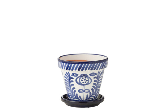 Flowerpot+Plate Granada Handmade/Handpainted Ceramic Cobalto Blue/White Medium