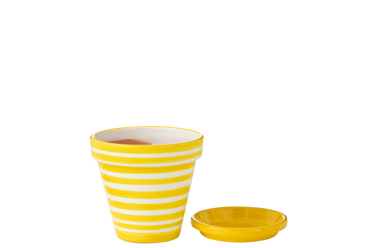 Flowerpot+Plate Granada Stripes Handmade/Handpainted Ceramic Yellow/White Medium