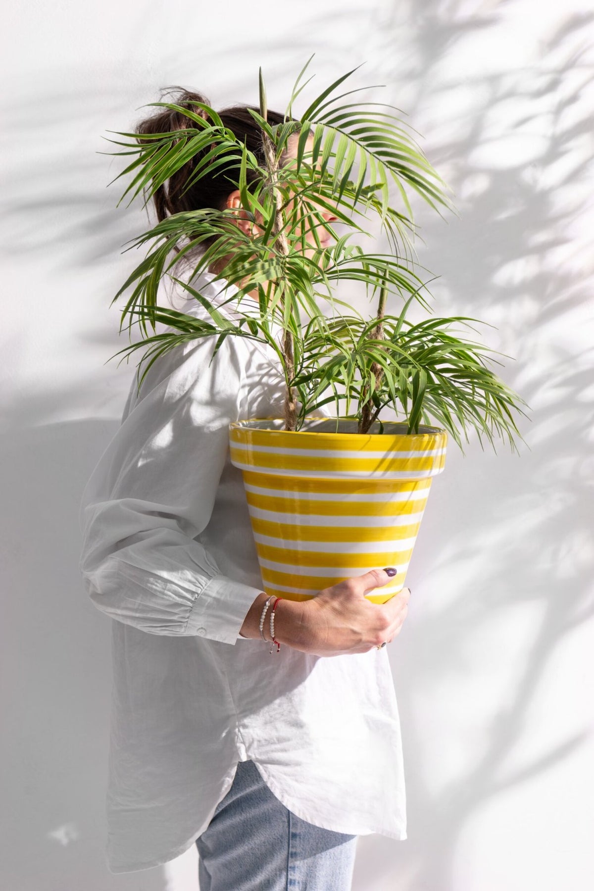Flowerpot+Plate Granada Stripes Handmade/Handpainted Ceramic Yellow/White Medium