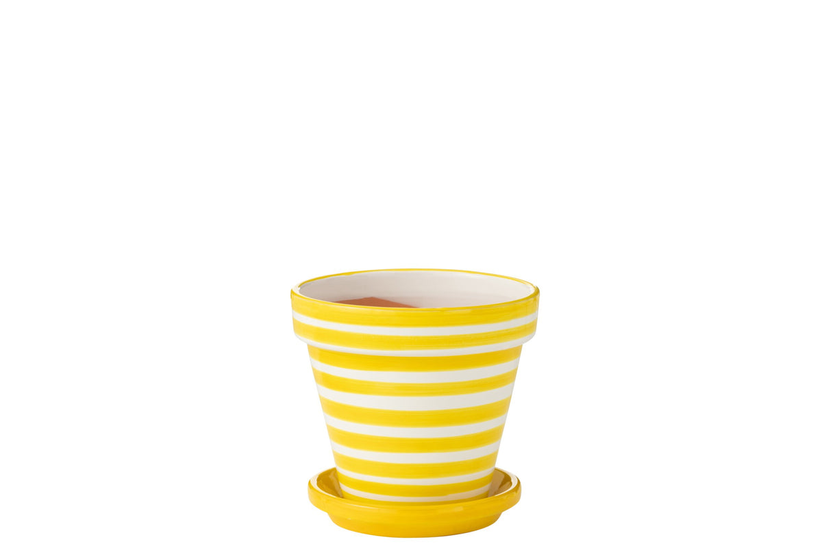 Flowerpot+Plate Granada Stripes Handmade/Handpainted Ceramic Yellow/White Medium