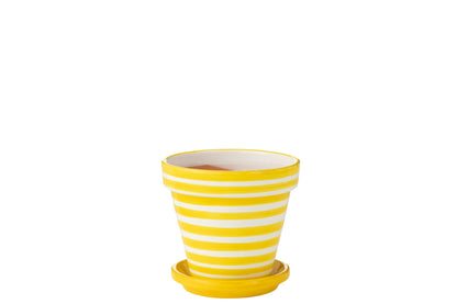 Flowerpot+Plate Granada Stripes Handmade/Handpainted Ceramic Yellow/White Medium