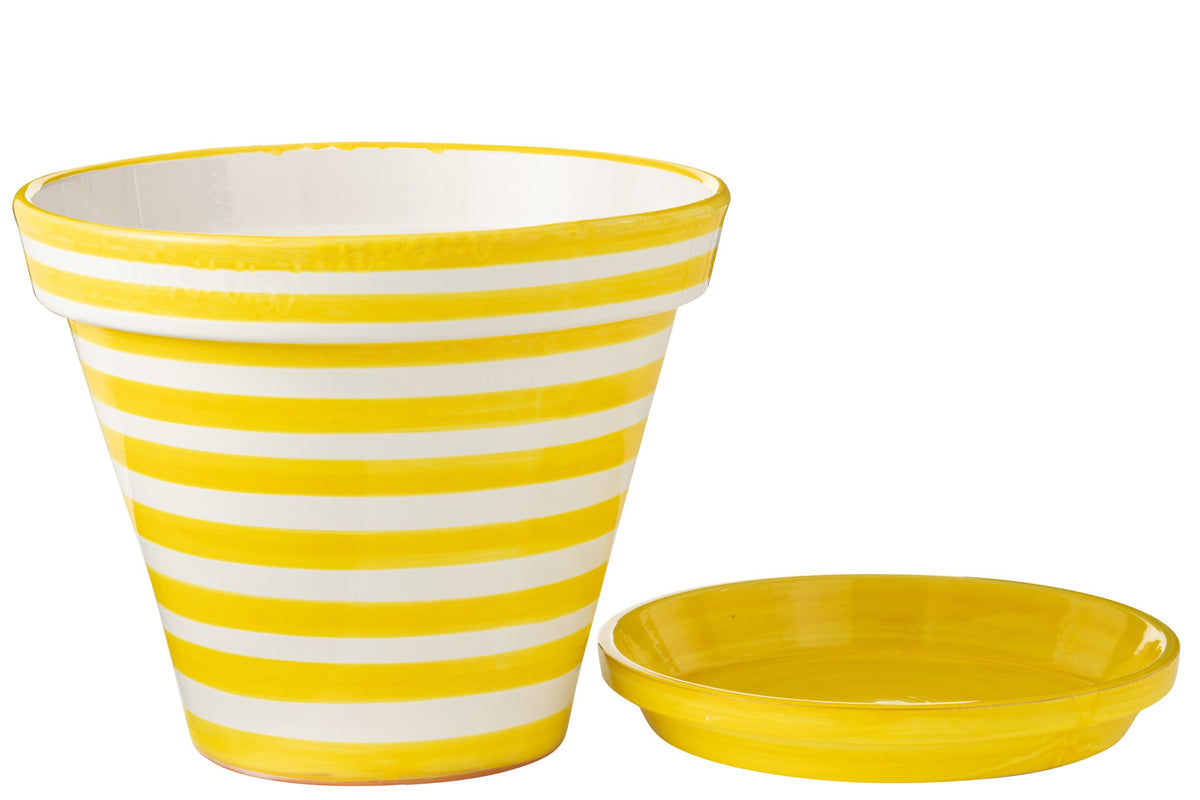 Flowerpot+Plate Granada Stripes Handmade/Handpainted Ceramic Yellow/White Extra Large