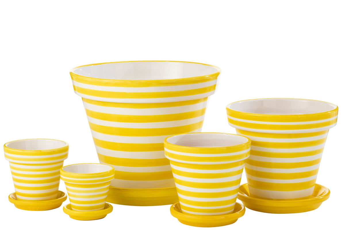 Flowerpot+Plate Granada Stripes Handmade/Handpainted Ceramic Yellow/White Extra Large