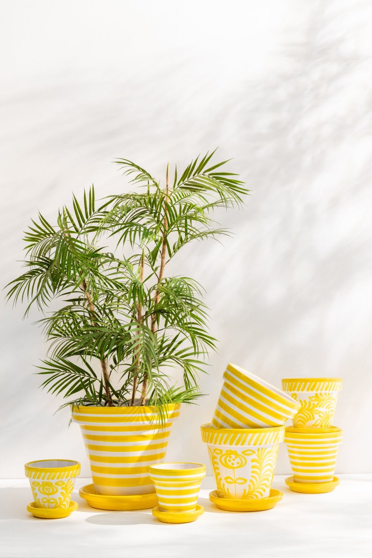 Flowerpot+Plate Granada Stripes Handmade/Handpainted Ceramic Yellow/White Extra Large