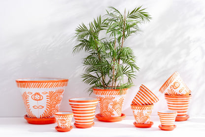 Flowerpot+Plate Granada Stripes Handmade/Handpainted Ceramic Orange/White Large