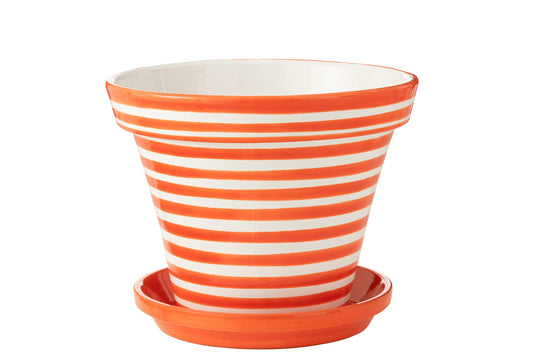 Flowerpot+Plate Granada Stripes Handmade/Handpainted Ceramic Orange/White Extra Large