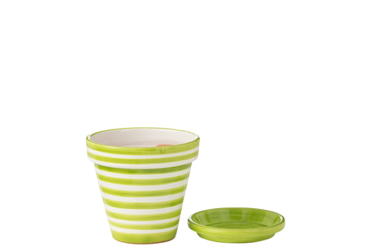 Flowerpot+Plate Granada Stripes Handmade/Handpainted Ceramic Green/White Medium