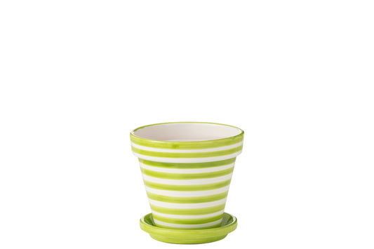 Flowerpot+Plate Granada Stripes Handmade/Handpainted Ceramic Green/White Medium