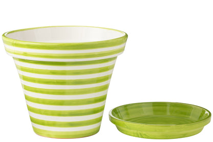 Flowerpot+Plate Granada Stripes Handmade/Handpainted Ceramic Green/White Extra Large