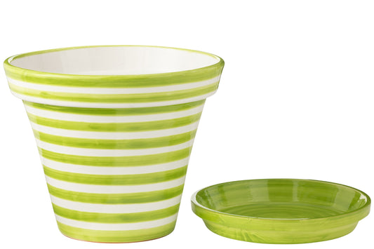 Flowerpot+Plate Granada Stripes Handmade/Handpainted Ceramic Green/White Extra Large