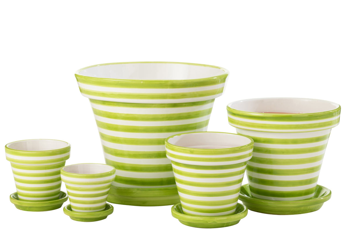 Flowerpot+Plate Granada Stripes Handmade/Handpainted Ceramic Green/White Extra Large