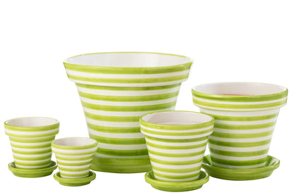 Flowerpot+Plate Granada Stripes Handmade/Handpainted Ceramic Green/White Extra Large