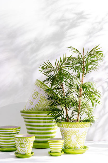 Flowerpot+Plate Granada Stripes Handmade/Handpainted Ceramic Green/White Extra Large